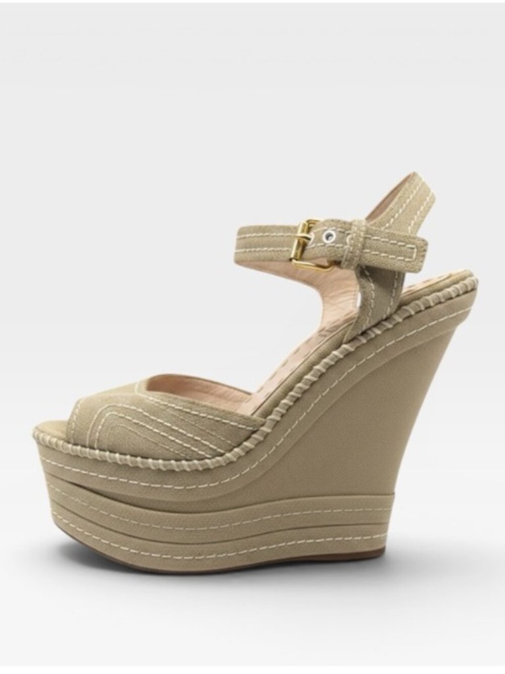 Miu Miu Canvas Platform Wedge Sandals Beige Size 38 Italy